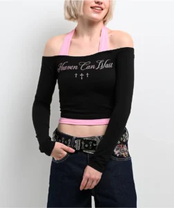 Ninth Hall Destiny Black Pink Long Sleeve Faux Halter Top 402996 front US